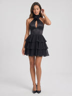 Black Chiffon A-Line Halter neckline Backless Short Dress with Cutout and Ruffles - Curvevia