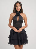 Black Chiffon A-Line Halter neckline Backless Short Dress with Cutout and Ruffles - Curvevia