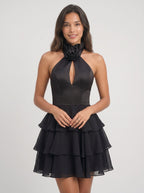 Black Chiffon A-Line Halter neckline Backless Short Dress with Cutout and Ruffles - Curvevia