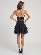 Black Chiffon A-Line Halter neckline Backless Short Dress with Cutout and Ruffles - Curvevia