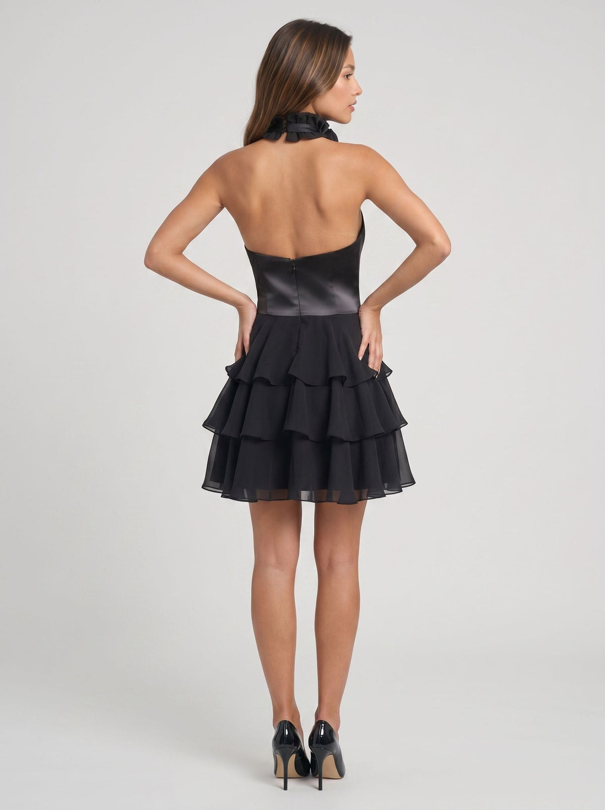 Black Chiffon A-Line Halter neckline Backless Short Dress with Cutout and Ruffles - Curvevia