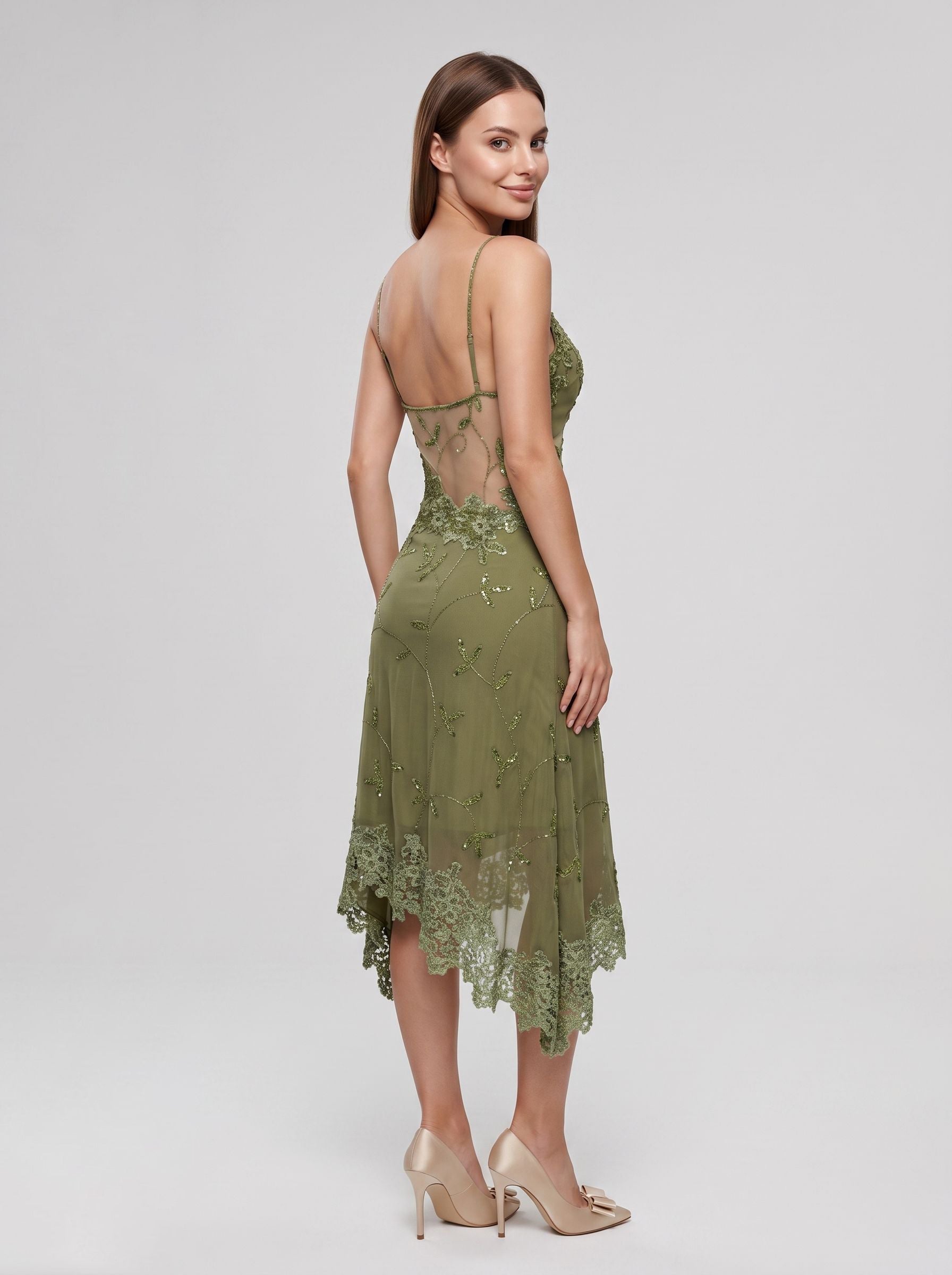 Green Lace A-Line V-Neck Backless Short Dress with Sequins - Curvevia