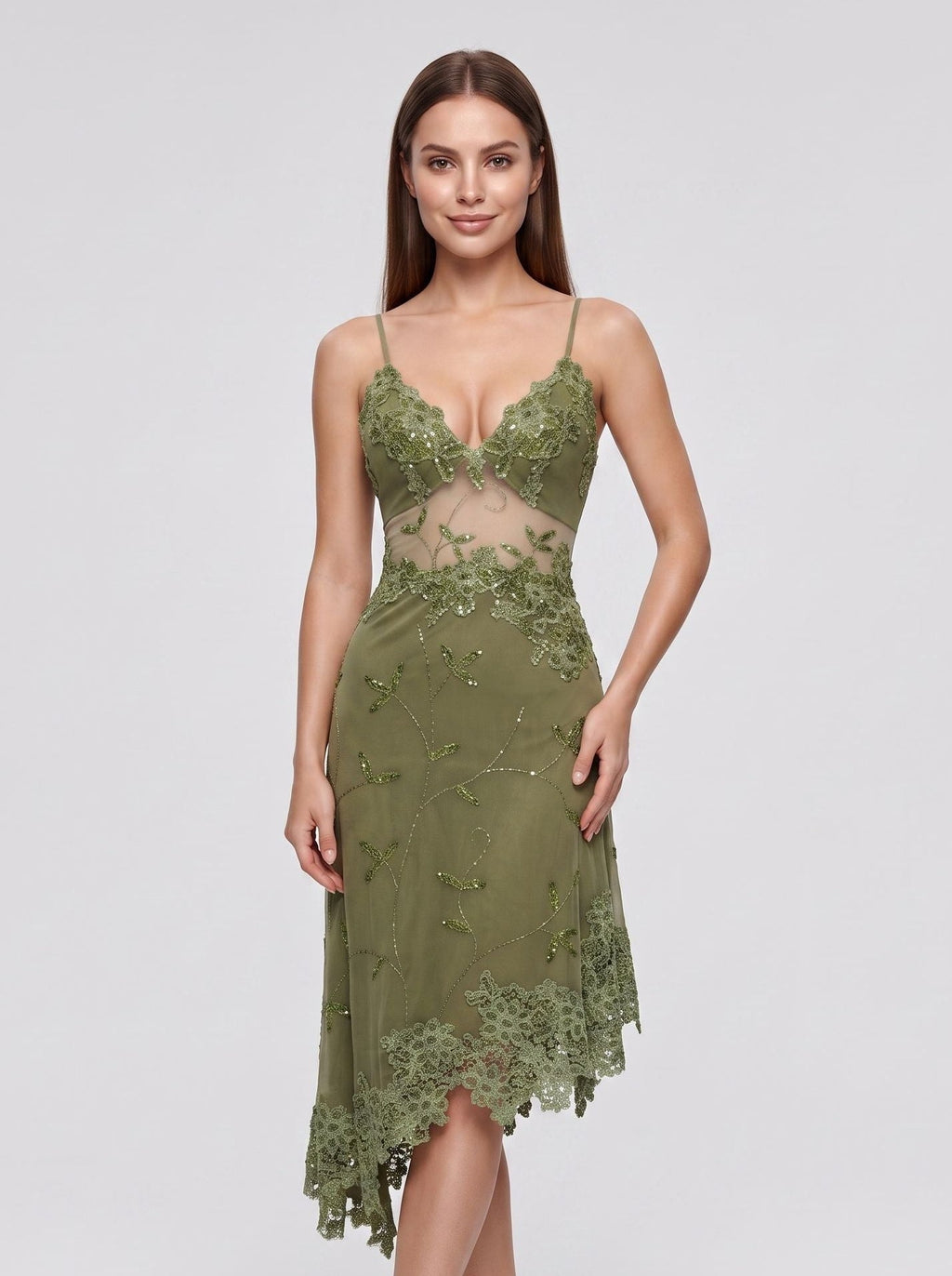 Green Lace A-Line V-Neck Backless Short Dress with Sequins - Curvevia