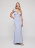 Mist Crepe Mermaid V-Neck V-Back Floor-Length Dress with Shoulder Bow - Curvevia