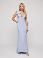 Mist Crepe Mermaid V-Neck V-Back Floor-Length Dress with Shoulder Bow - Curvevia