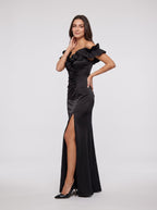 Black Satin Sheath Off-the-Shoulder Back Zip Floor-Length Dress with Cascading Ruffles - Curvevia