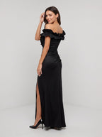 Black Satin Sheath Off-the-Shoulder Back Zip Floor-Length Dress with Cascading Ruffles - Curvevia