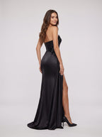 Black Stretch Knit Mermaid One Shoulder Back Zip Floor-Length Dress with Fold-over cuff - Curvevia
