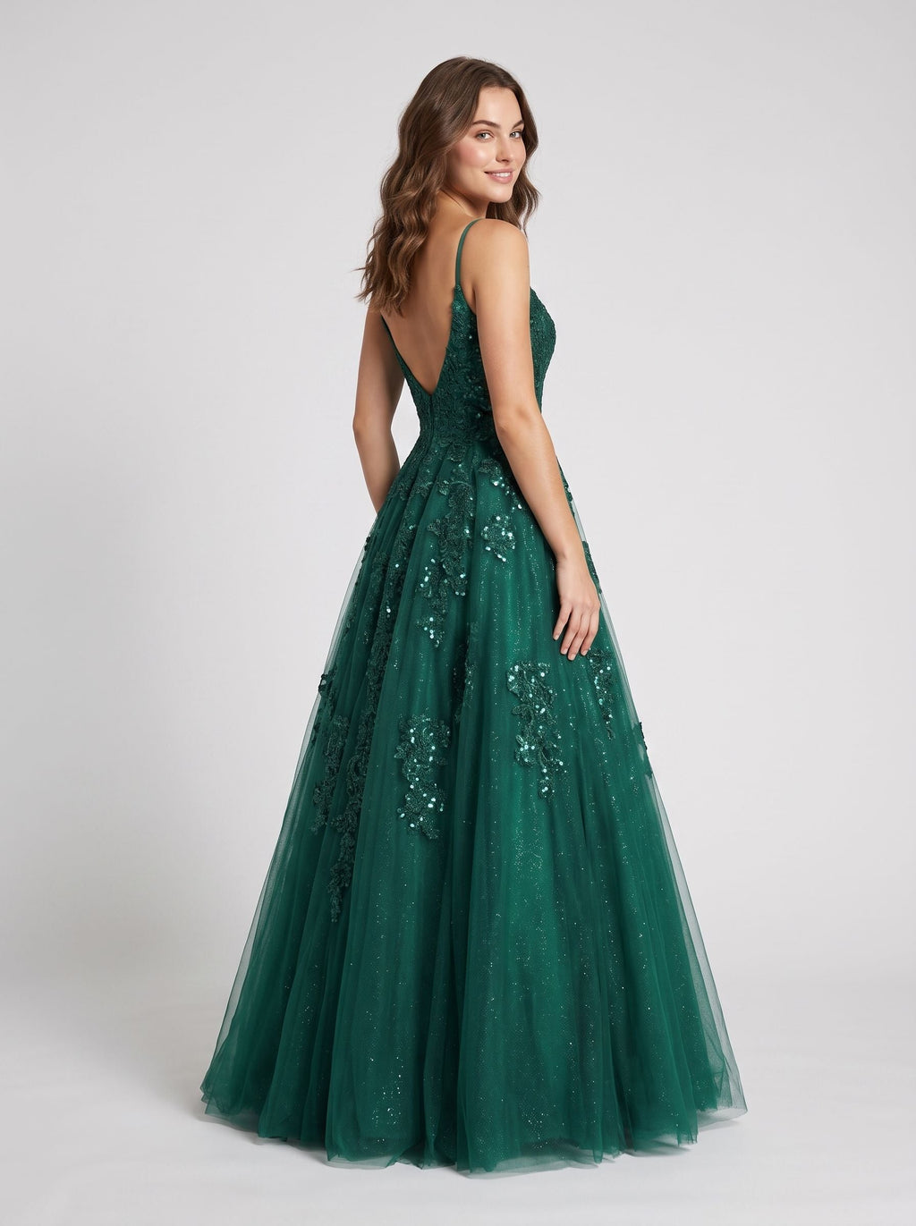 Emerald Green Glitter Tulle A-Line Straight Neck V-Back Floor-Length Dress with Sequin-embroidered Corset - Curvevia