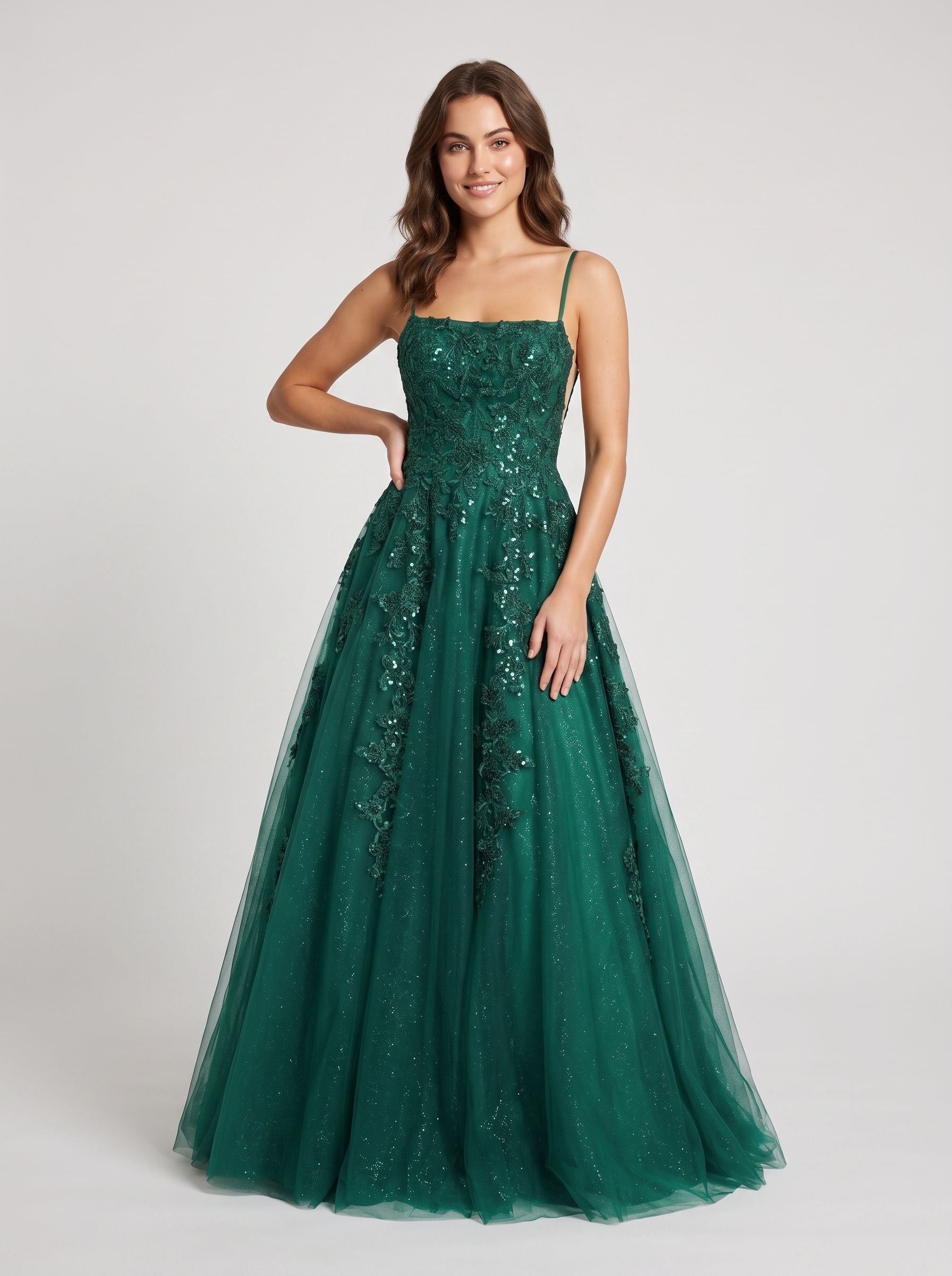 Emerald Green Glitter Tulle A-Line Straight Neck V-Back Floor-Length Dress with Sequin-embroidered Corset - Curvevia