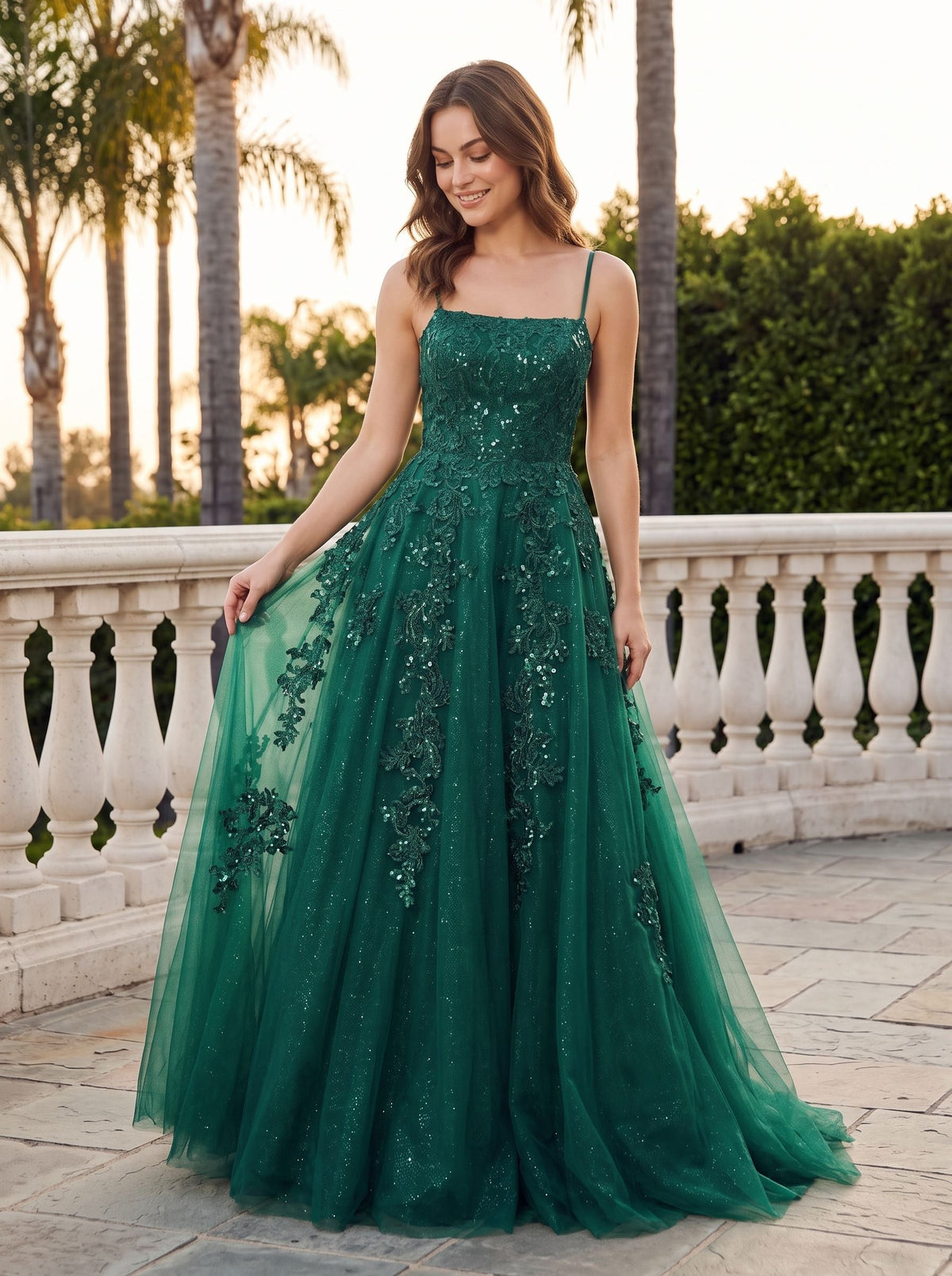 Emerald Green Glitter Tulle A-Line Straight Neck V-Back Floor-Length Dress with Sequin-embroidered Corset - Curvevia