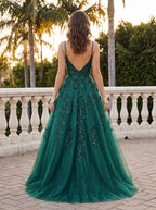 Emerald Green Glitter Tulle A-Line Straight Neck V-Back Floor-Length Dress with Sequin-embroidered Corset - Curvevia