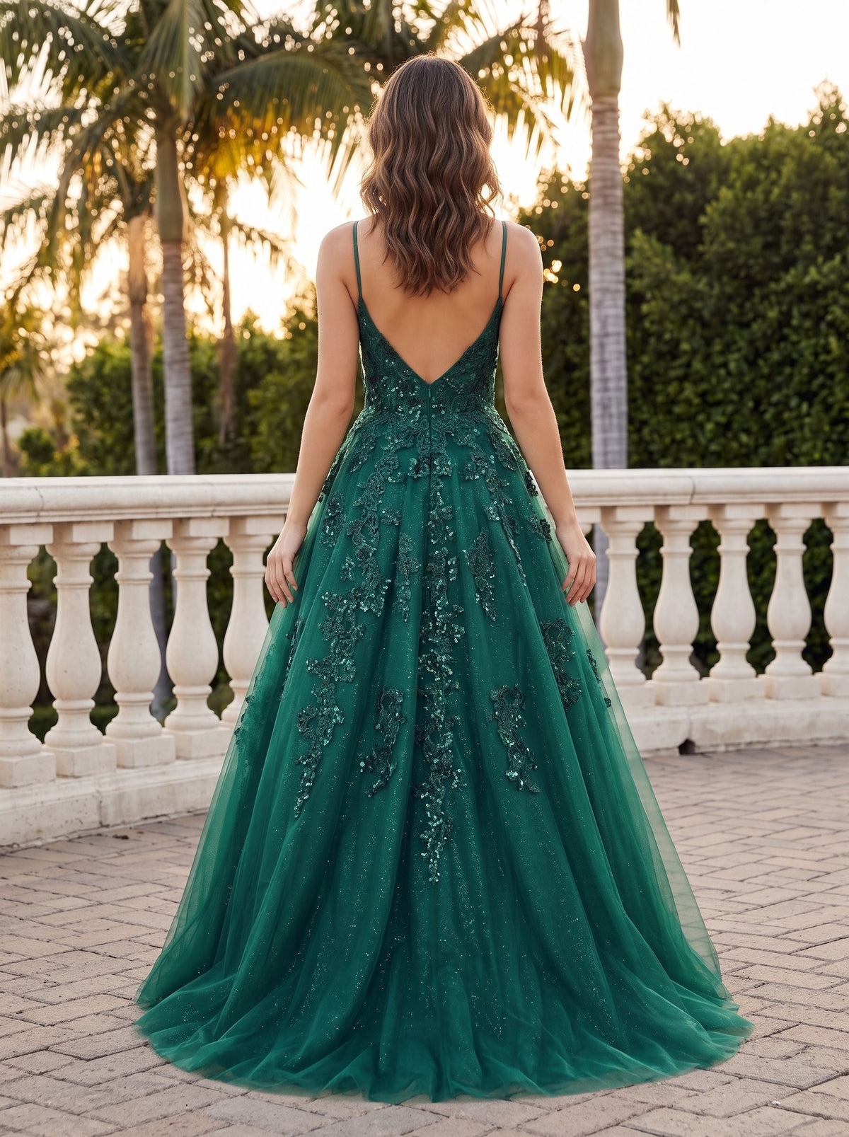 Emerald Green Glitter Tulle A-Line Straight Neck V-Back Floor-Length Dress with Sequin-embroidered Corset - Curvevia