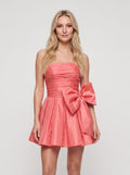 Coral Satin A-Line Straight Neck Back Zip Short Dress with Oversized Waist Bow - Curvevia