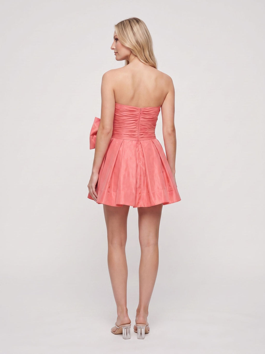 Coral Satin A-Line Straight Neck Back Zip Short Dress with Oversized Waist Bow - Curvevia