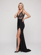 Black Satin Sheath V-Neck V-Back Floor-Length Dress with Slit - Curvevia
