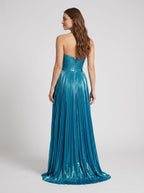 Peacock Blue Satin A-Line Sweetheart Back Zip Floor-Length Dress with High Slit and Cutout - Curvevia