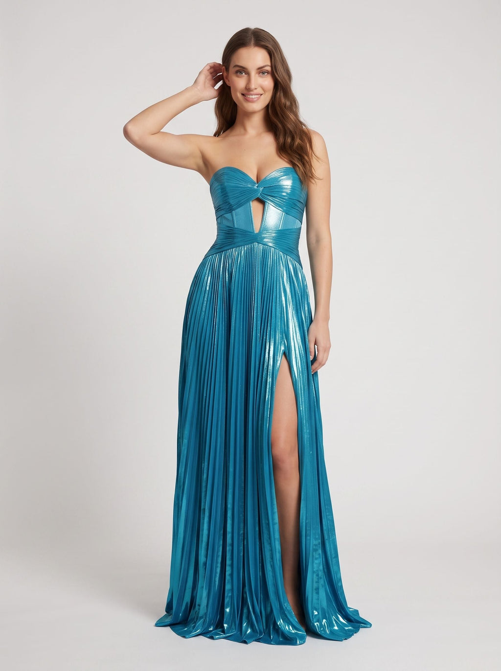 Peacock Blue Satin A-Line Sweetheart Back Zip Floor-Length Dress with High Slit and Cutout - Curvevia