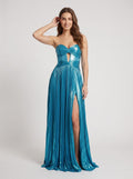 Peacock Blue Satin A-Line Sweetheart Back Zip Floor-Length Dress with High Slit and Cutout - Curvevia