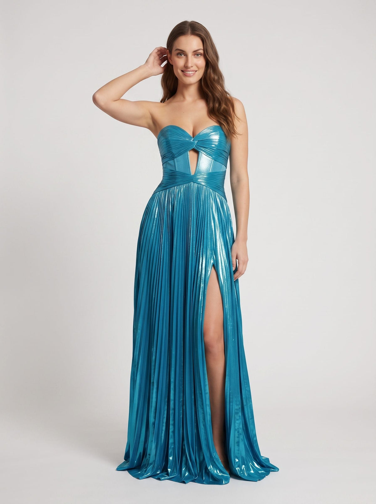 Peacock Blue Satin A-Line Sweetheart Back Zip Floor-Length Dress with High Slit and Cutout - Curvevia