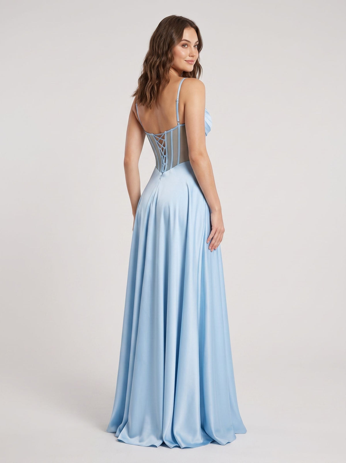 Sky Blue Satin A-Line V-Neck Lace-up Floor-Length Dress with Sheer Bodice & Pockets - Curvevia