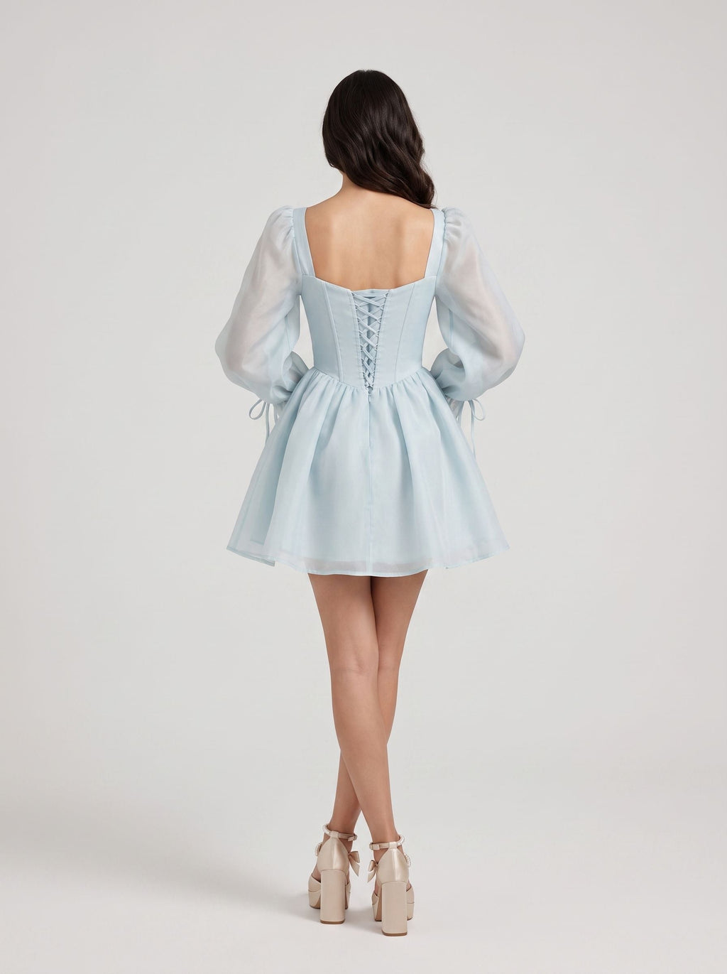 Mist Satin A-Line Sweetheart Corset Back Short Dress with Sheer Long Sleeves - Curvevia