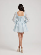Mist Satin A-Line Sweetheart Corset Back Short Dress with Sheer Long Sleeves - Curvevia