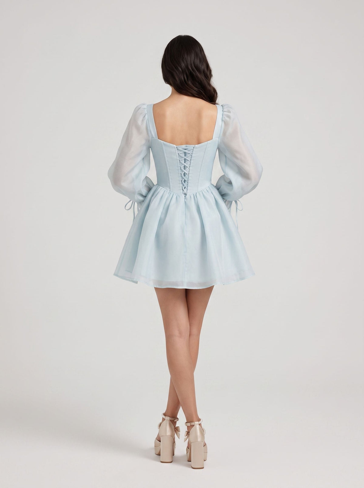 Mist Satin A-Line Sweetheart Corset Back Short Dress with Sheer Long Sleeves - Curvevia