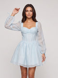 Mist Satin A-Line Sweetheart Corset Back Short Dress with Sheer Long Sleeves - Curvevia