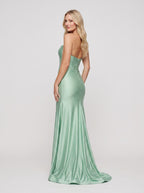 Mint Green Satin Mermaid Straight Neck Back Zip Floor-Length Dress with Flowing Train - Curvevia