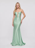 Mint Green Satin Mermaid Straight Neck Back Zip Floor-Length Dress with Flowing Train - Curvevia