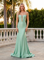 Mint Green Satin Mermaid Straight Neck Back Zip Floor-Length Dress with Flowing Train - Curvevia