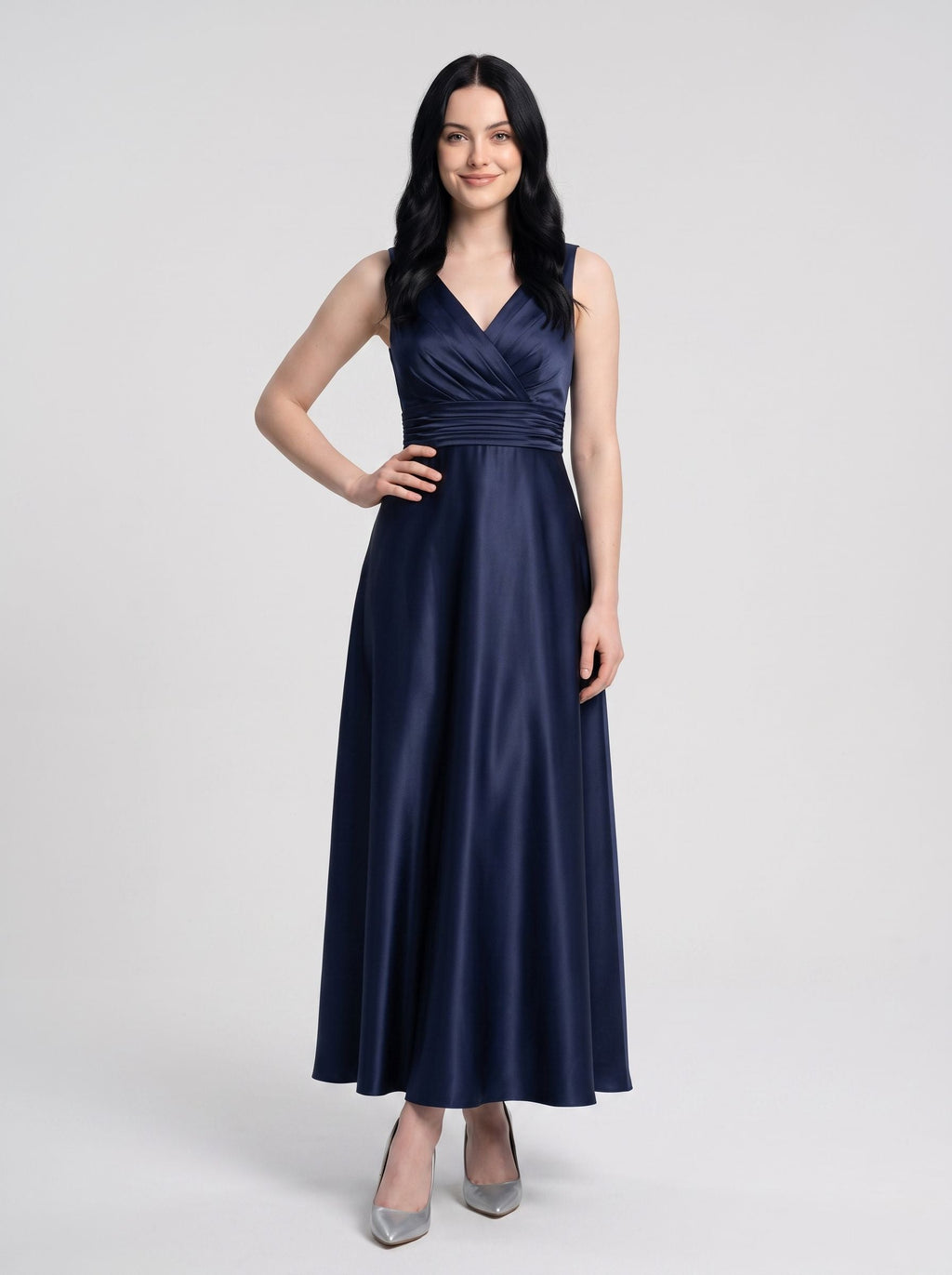 Dark Navy Satin A-Line V-Neck V-Back Floor-Length Dress with Pleated Bodice and Pockets - Curvevia