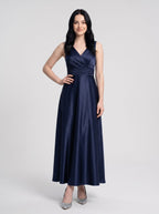 Dark Navy Satin A-Line V-Neck V-Back Floor-Length Dress with Pleated Bodice and Pockets - Curvevia