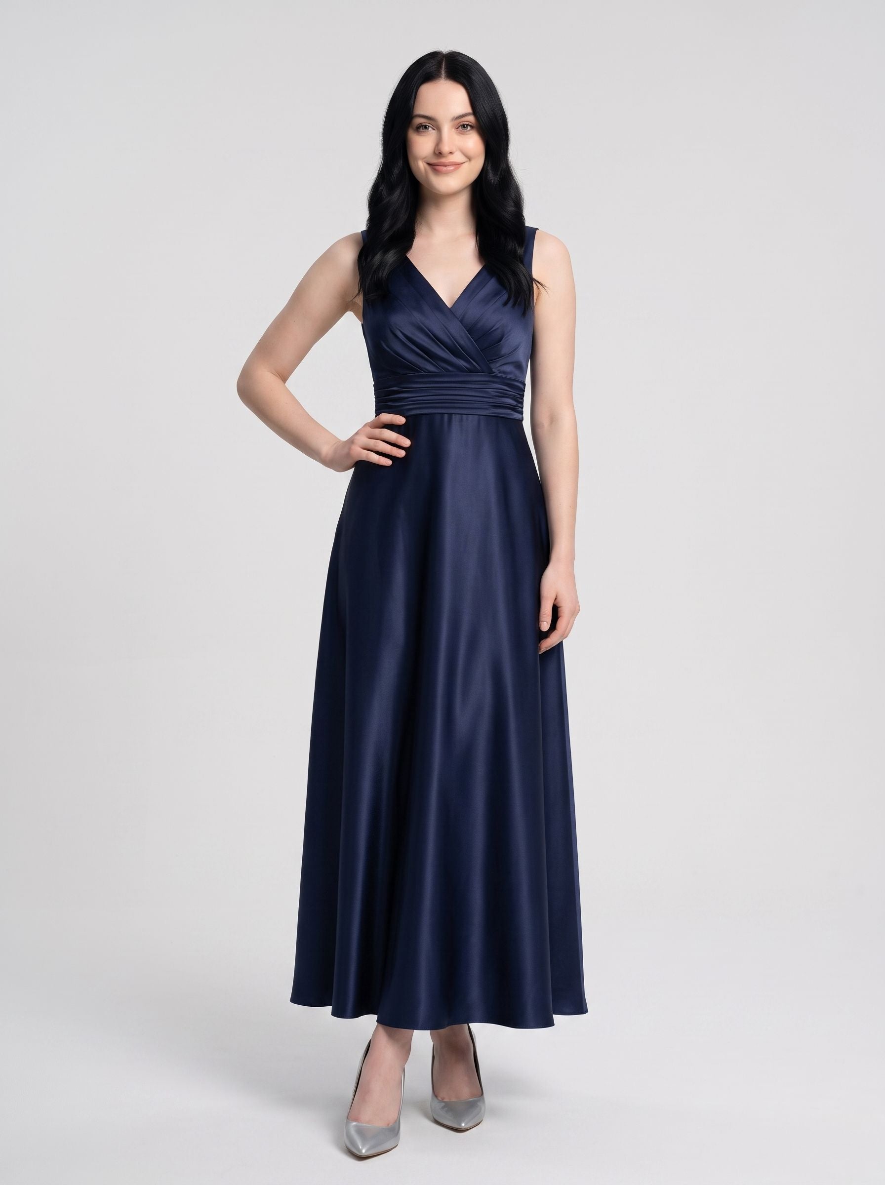 Dark Navy Satin A-Line V-Neck V-Back Floor-Length Dress with Pleated Bodice and Pockets - Curvevia
