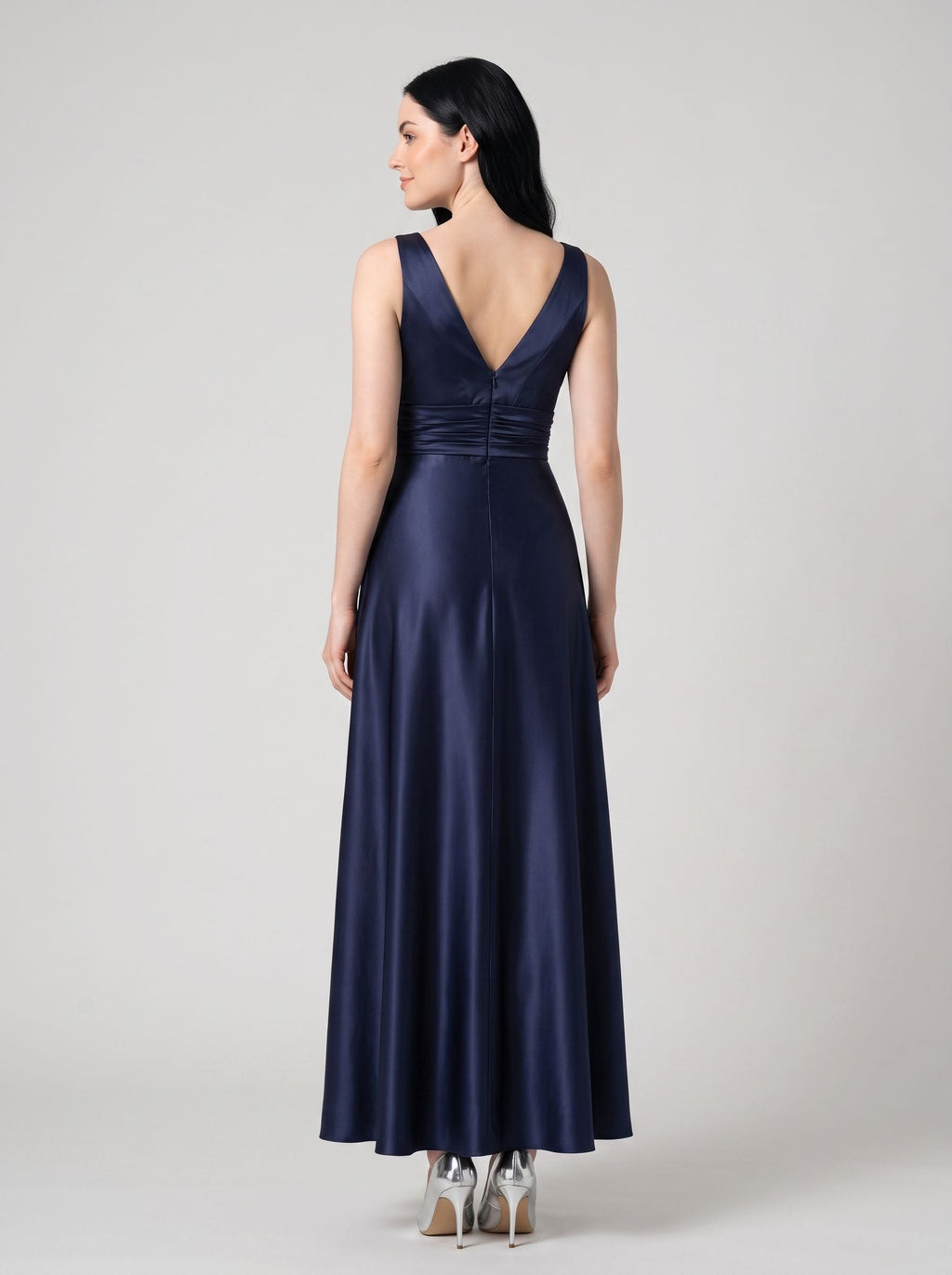 Dark Navy Satin A-Line V-Neck V-Back Floor-Length Dress with Pleated Bodice and Pockets - Curvevia
