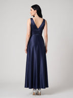 Dark Navy Satin A-Line V-Neck V-Back Floor-Length Dress with Pleated Bodice and Pockets - Curvevia