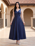 Dark Navy Satin A-Line V-Neck V-Back Floor-Length Dress with Pleated Bodice and Pockets - Curvevia
