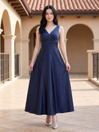 Dark Navy Satin A-Line V-Neck V-Back Floor-Length Dress with Pleated Bodice and Pockets - Curvevia