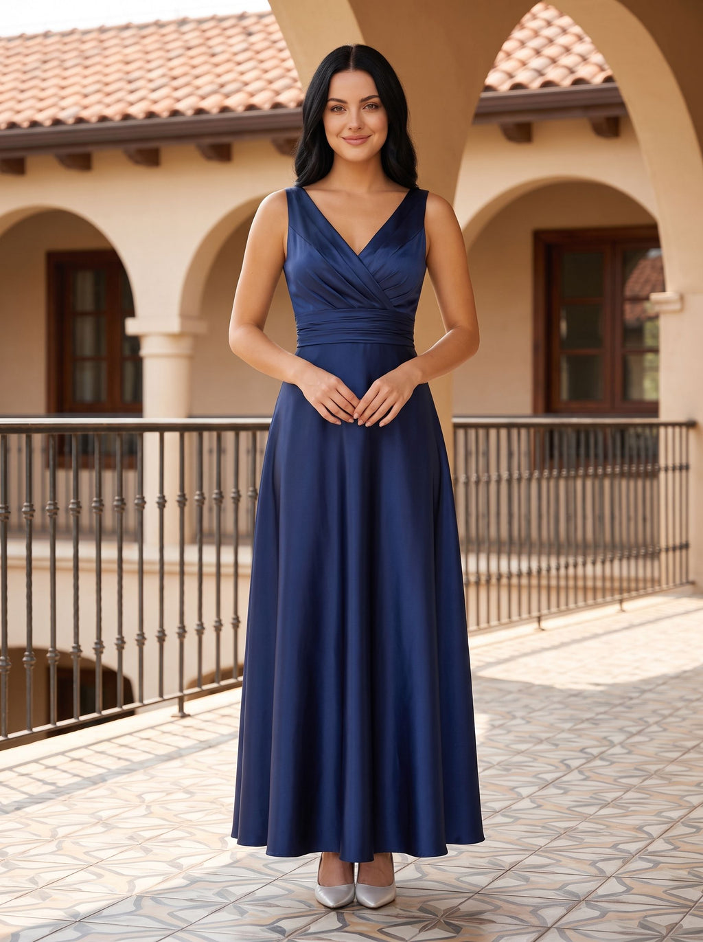 Dark Navy Satin A-Line V-Neck V-Back Floor-Length Dress with Pleated Bodice and Pockets - Curvevia