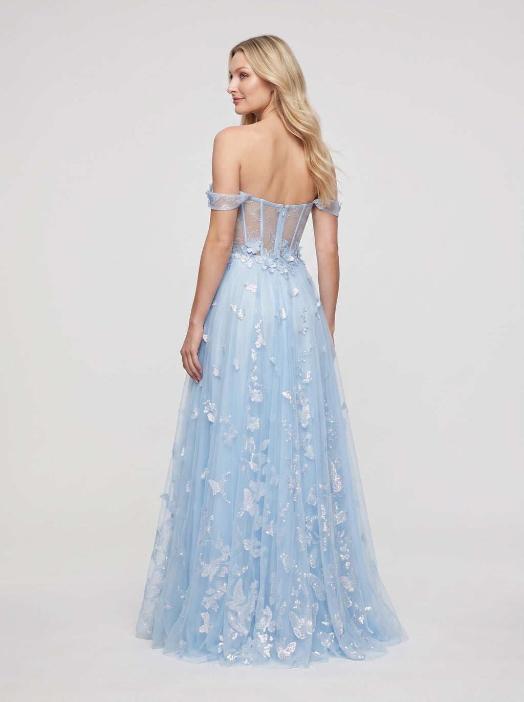 Sky Blue Tulle A-Line Off-the-Shoulder Back zip Floor-Length Dress - Curvevia