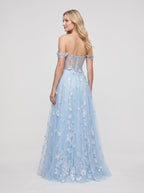 Sky Blue Tulle A-Line Off-the-Shoulder Back zip Floor-Length Dress - Curvevia