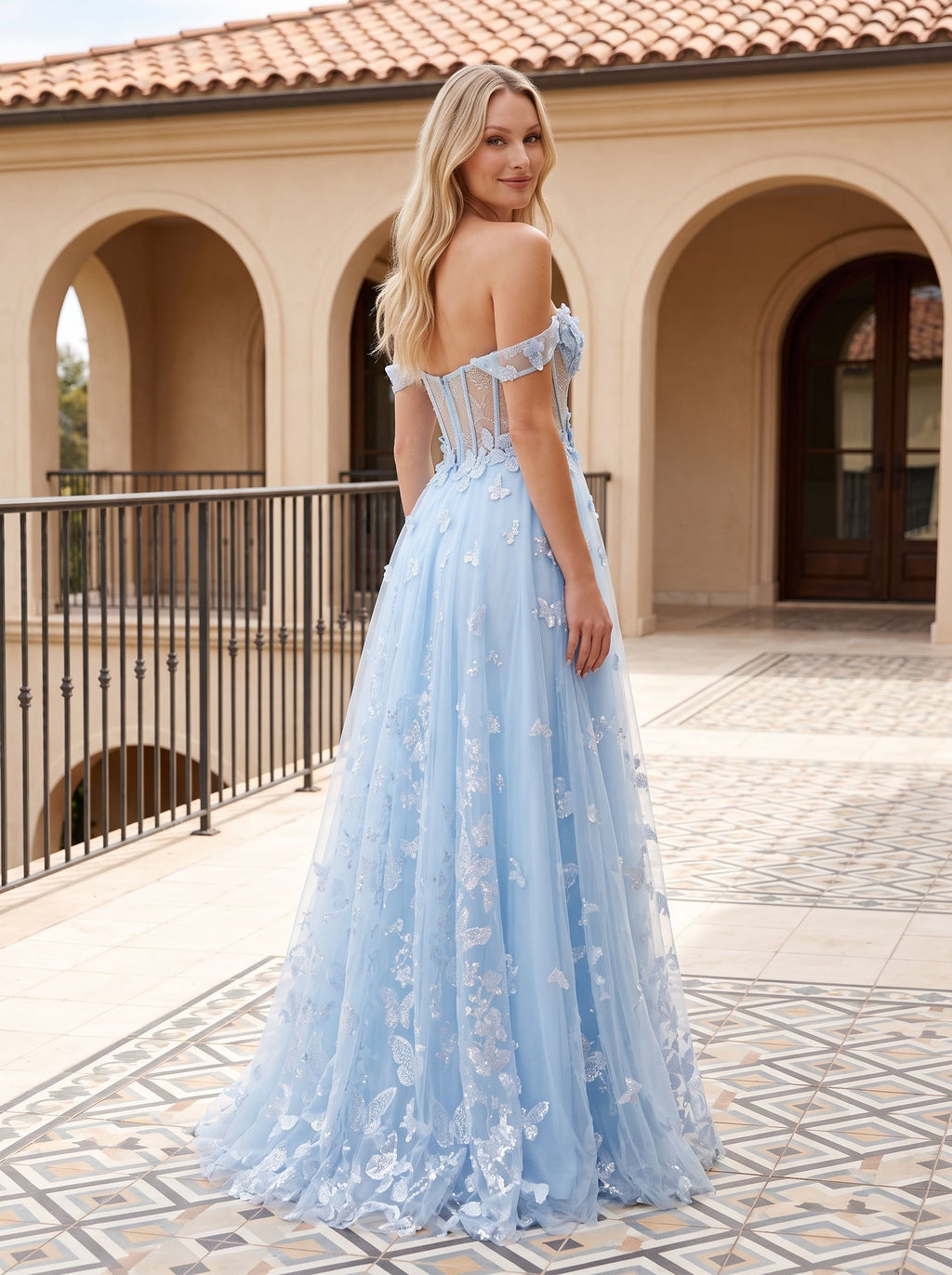 Sky Blue Tulle A-Line Off-the-Shoulder Back zip Floor-Length Dress - Curvevia