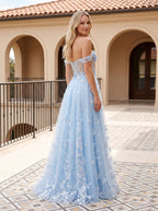 Sky Blue Tulle A-Line Off-the-Shoulder Back zip Floor-Length Dress - Curvevia