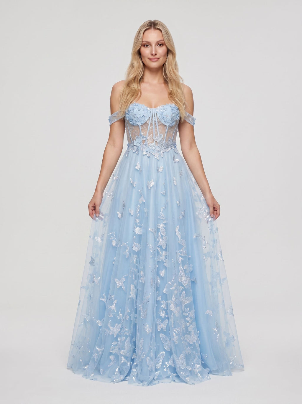 Sky Blue Tulle A-Line Off-the-Shoulder Back zip Floor-Length Dress - Curvevia