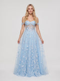 Sky Blue Tulle A-Line Off-the-Shoulder Back zip Floor-Length Dress - Curvevia