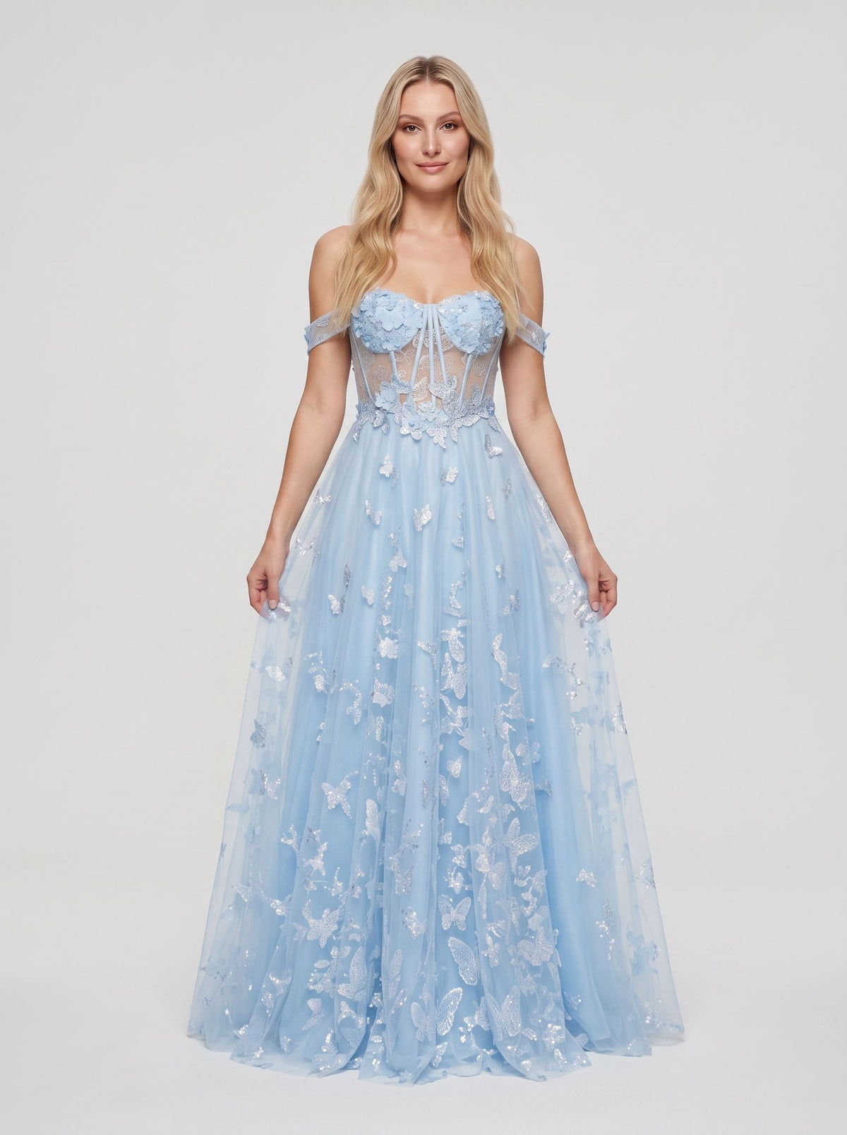Sky Blue Tulle A-Line Off-the-Shoulder Back zip Floor-Length Dress - Curvevia