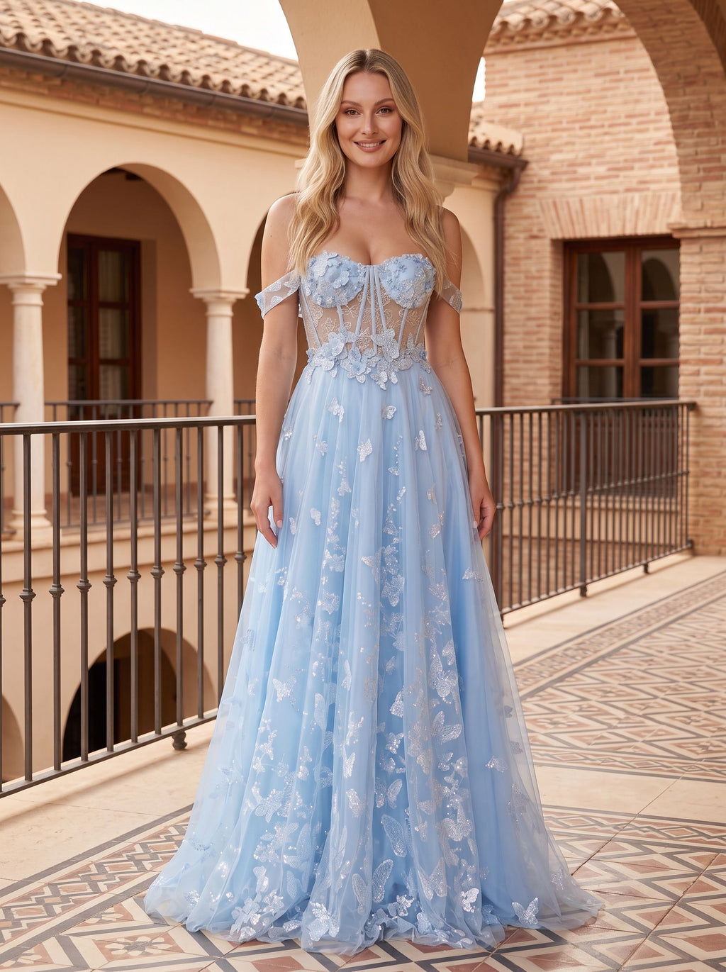 Sky Blue Tulle A-Line Off-the-Shoulder Back zip Floor-Length Dress - Curvevia