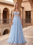 Sky Blue Tulle A-Line Off-the-Shoulder Back zip Floor-Length Dress - Curvevia