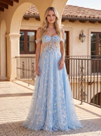 Sky Blue Tulle A-Line Off-the-Shoulder Back zip Floor-Length Dress - Curvevia
